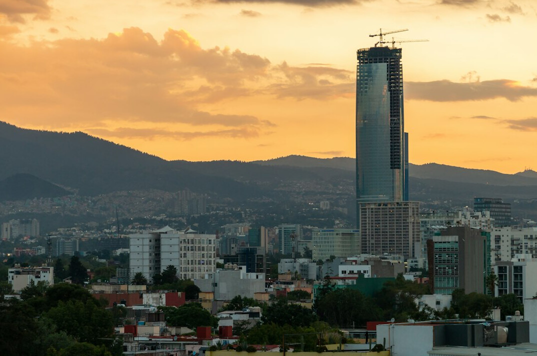 Modern financial district skyscrapers in Mexico City at dusk